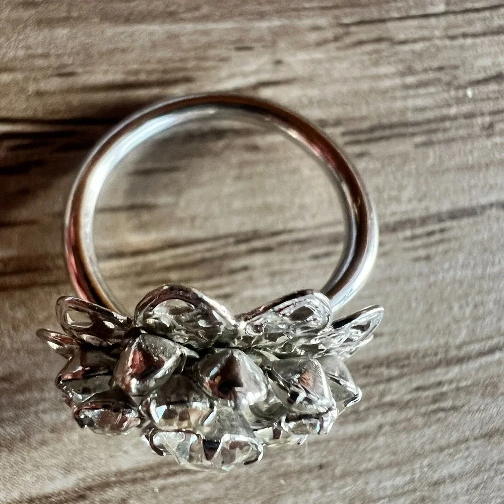 Vintage Sarah‎ Coventry Adjustable Silver Tone Rhinestone Cluster Ring 1960s MCM